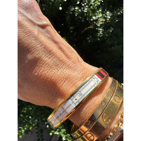 Hermes Gold Printed Enamel Bangle Bracelet 70mm GM Equestrian - Picture 7 of 13